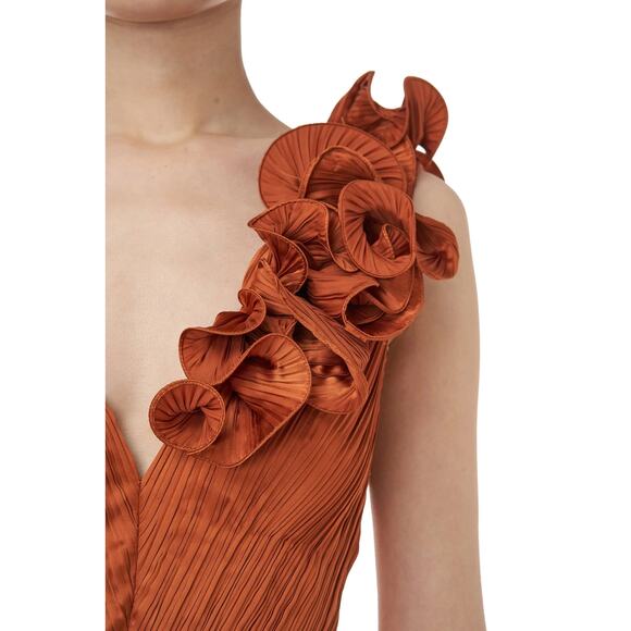 AMUR Aviva Rosette One Shoulder Pleated Gown Copper Size 2 - Picture 3 of 16